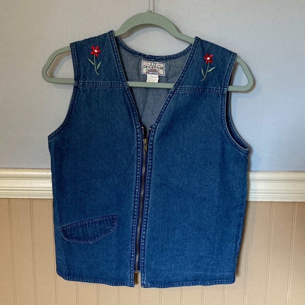 AJS Denim Sleeveless Vest with Floral Embroidery Vintage Women’s Sz M